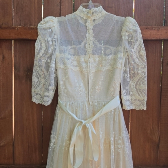 Vintage 1980s ILGWU Champagne Floral Lace High Neck Sheer Dress, SIZE S - Picture 4 of 16